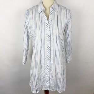 Foxcroft Button Up 3/4 Sleeve Tunic Top Women 8 Blue White Stripe Pucker Stretch